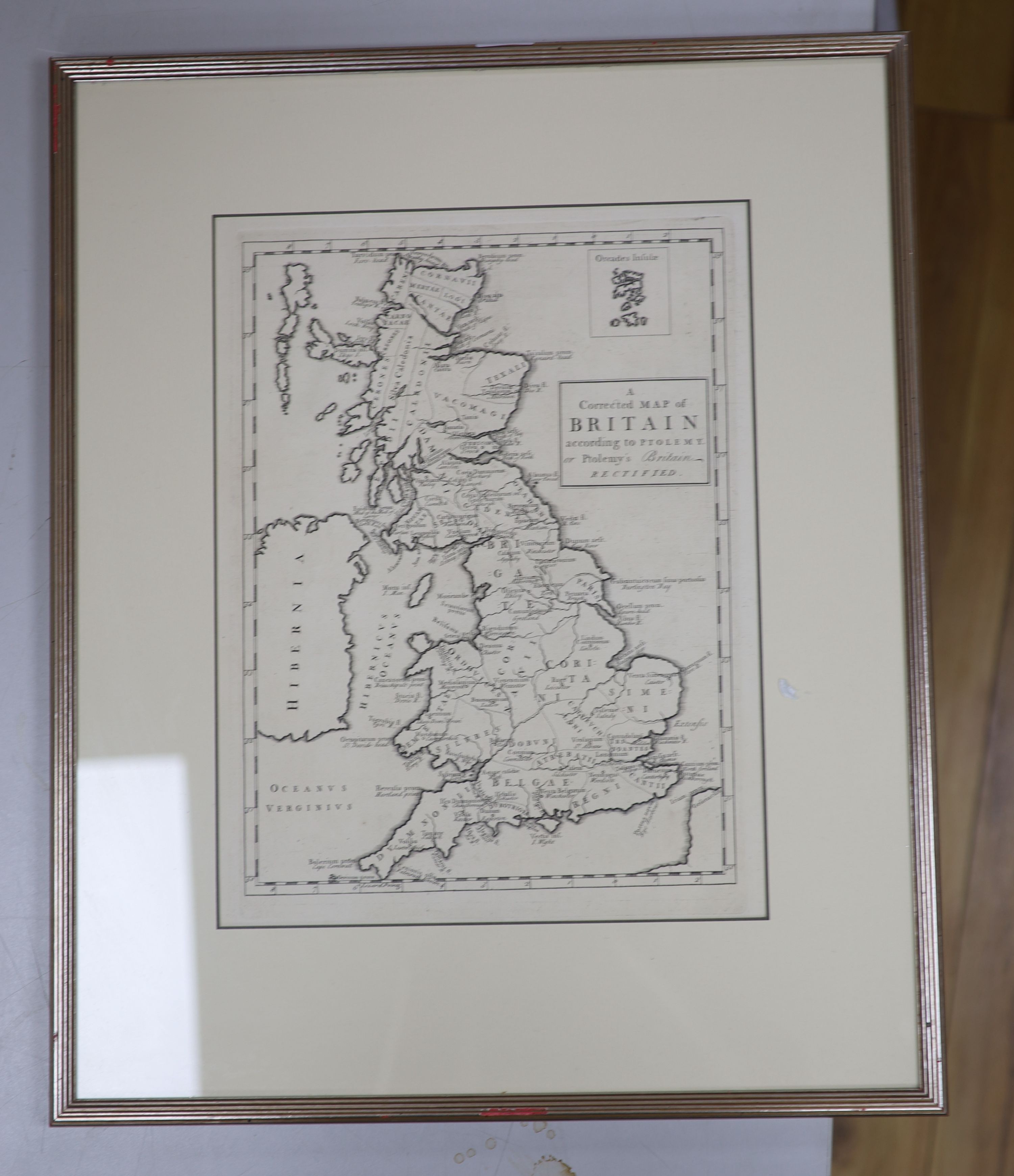 An uncoloured engraved Map of Britain according Ptolemy, 36 x 27cm.